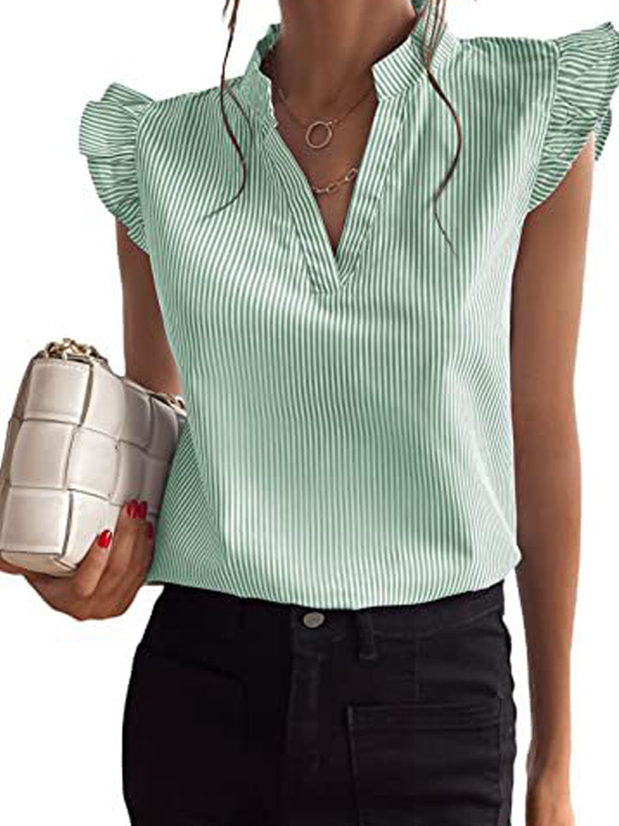 Striped Notched Ruffle Cap Sleeve V Neck Blouse