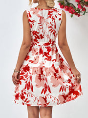 Floral V-Neck Tie Waist Sleeveless Mini Dress