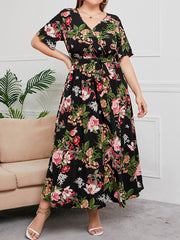 Plus Size Printed Surplice Short Sleeve Maxi Dress