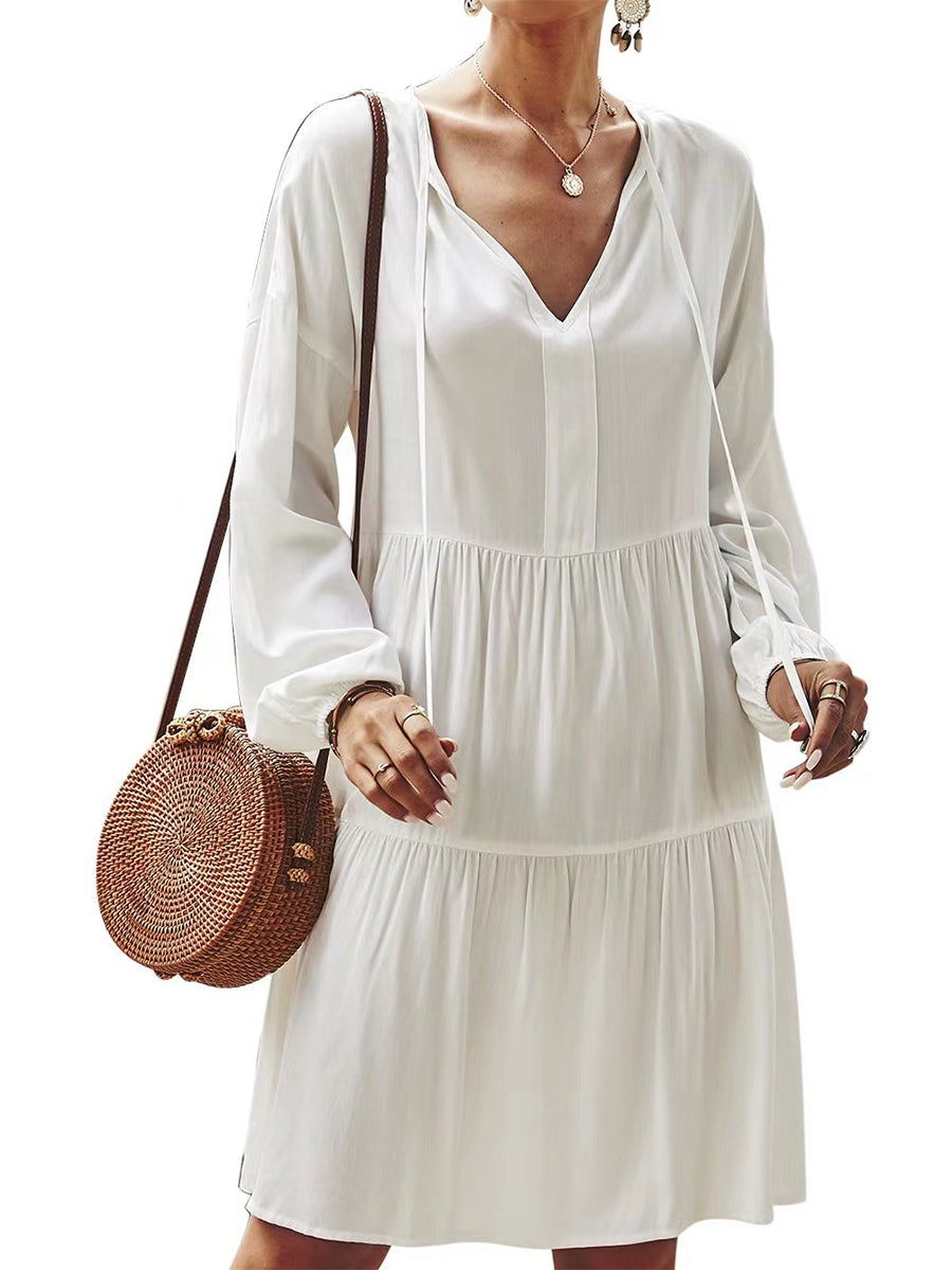 High Waist Loose V Neck Solid Color Stitching Midi Dress