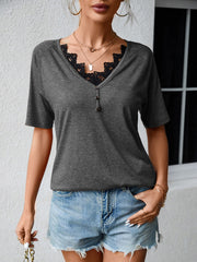 Loose V Neck Lace Short Sleeve T-Shirt