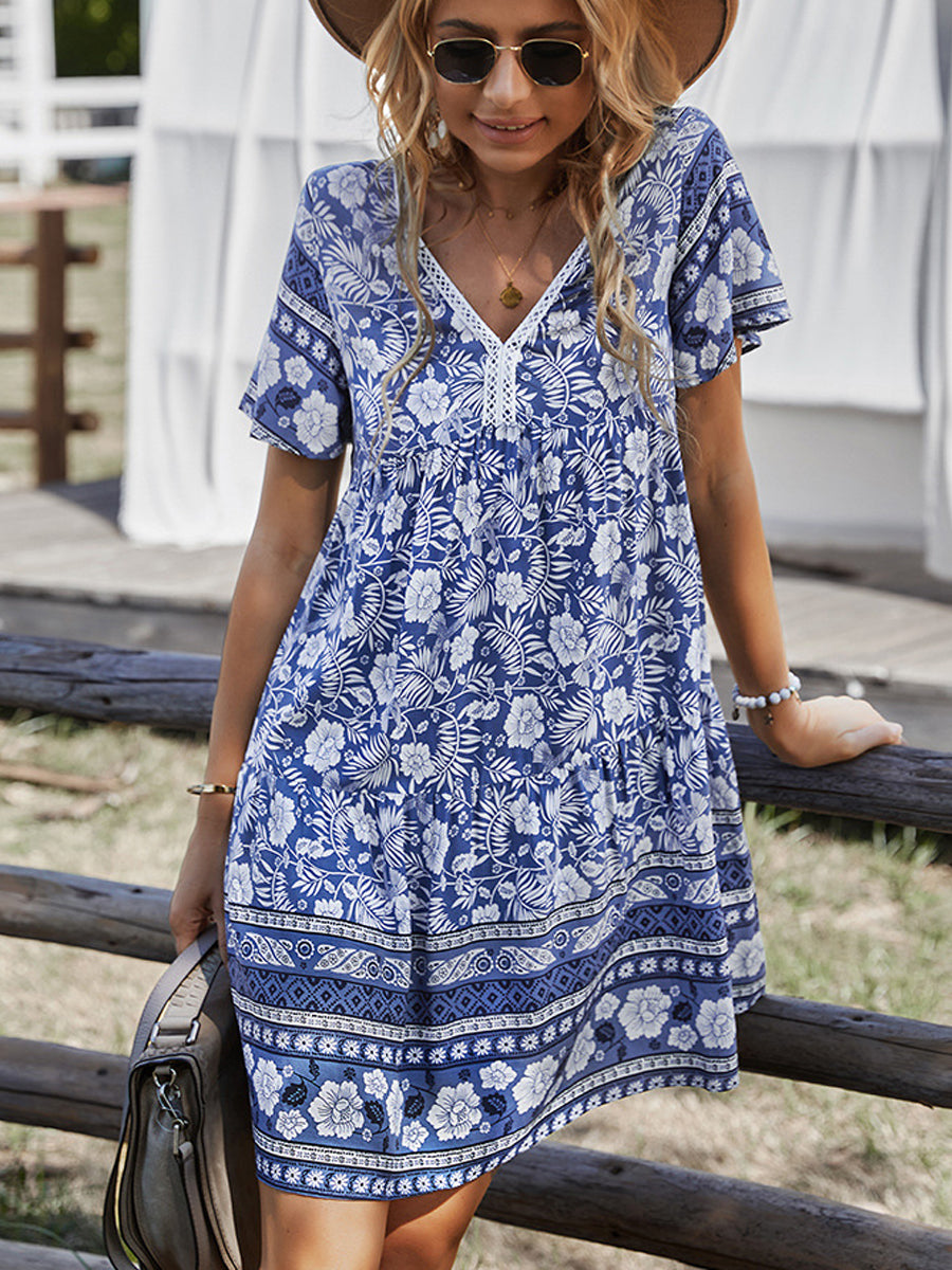 Bohemian V-Neck Short Sleeve Mini Dress