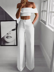 One-Shoulder Crop Top & Mopping Pants Two-Piece Suit