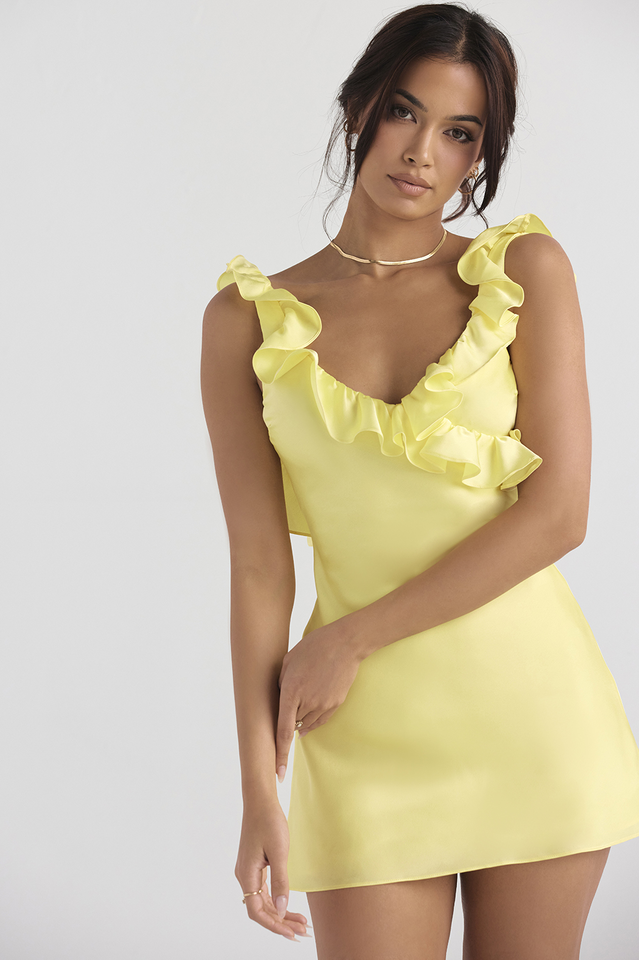 yellow satin dress mini Yellow Silk Satin Ruffle Mini Dress – Izosu