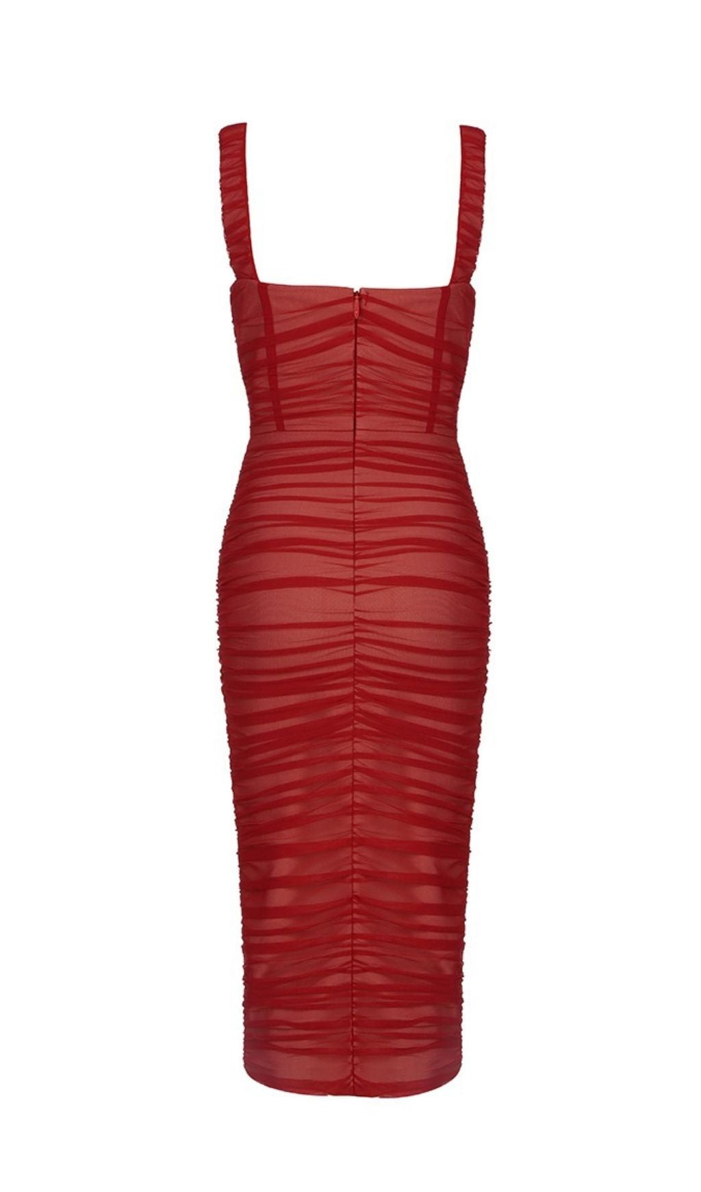 RED RUCHED BANDAGE MIDI DRESS