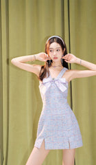 Minikleid aus Tweed mit Strass-Fliege in Lila
