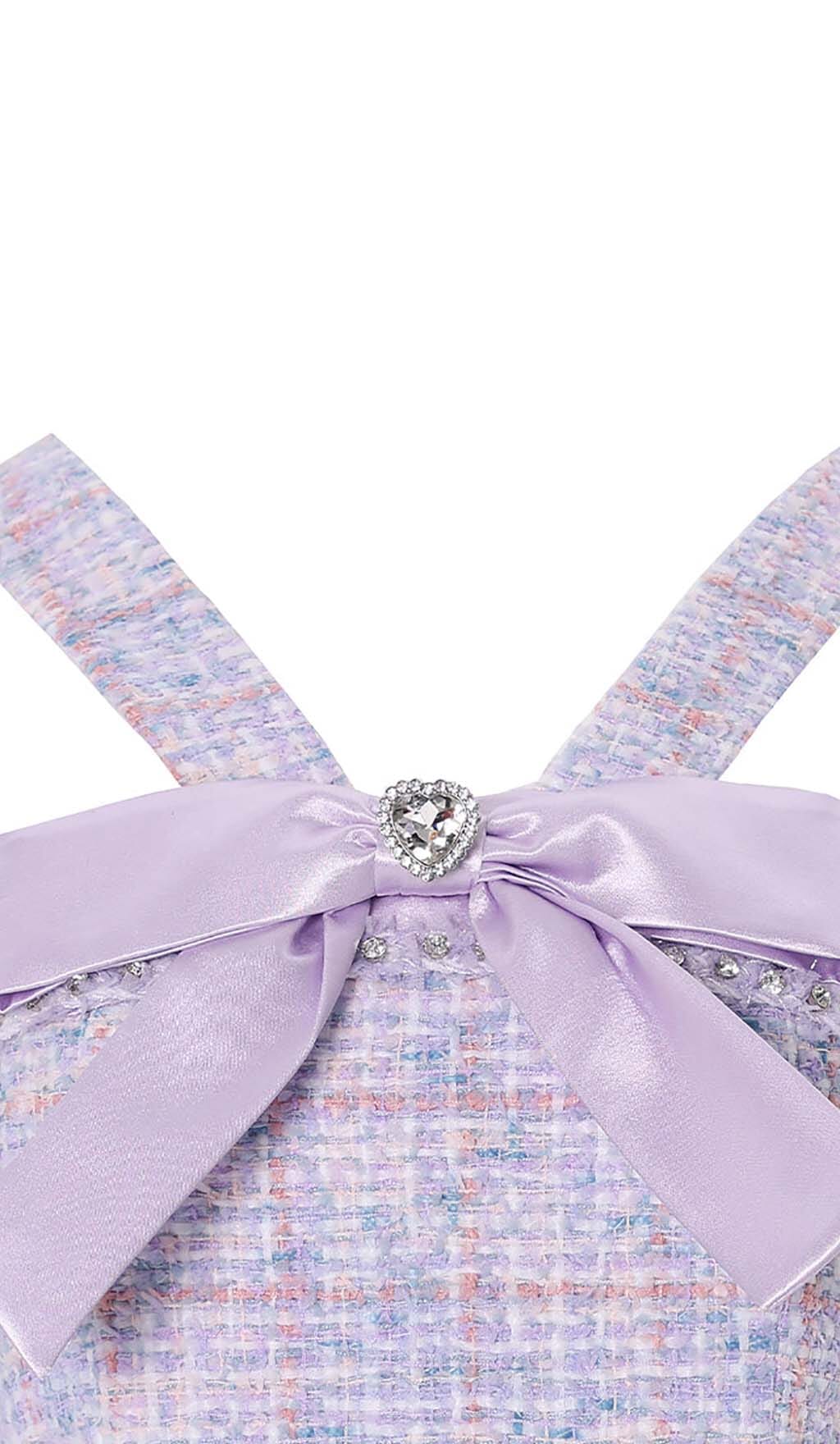 Minikleid aus Tweed mit Strass-Fliege in Lila