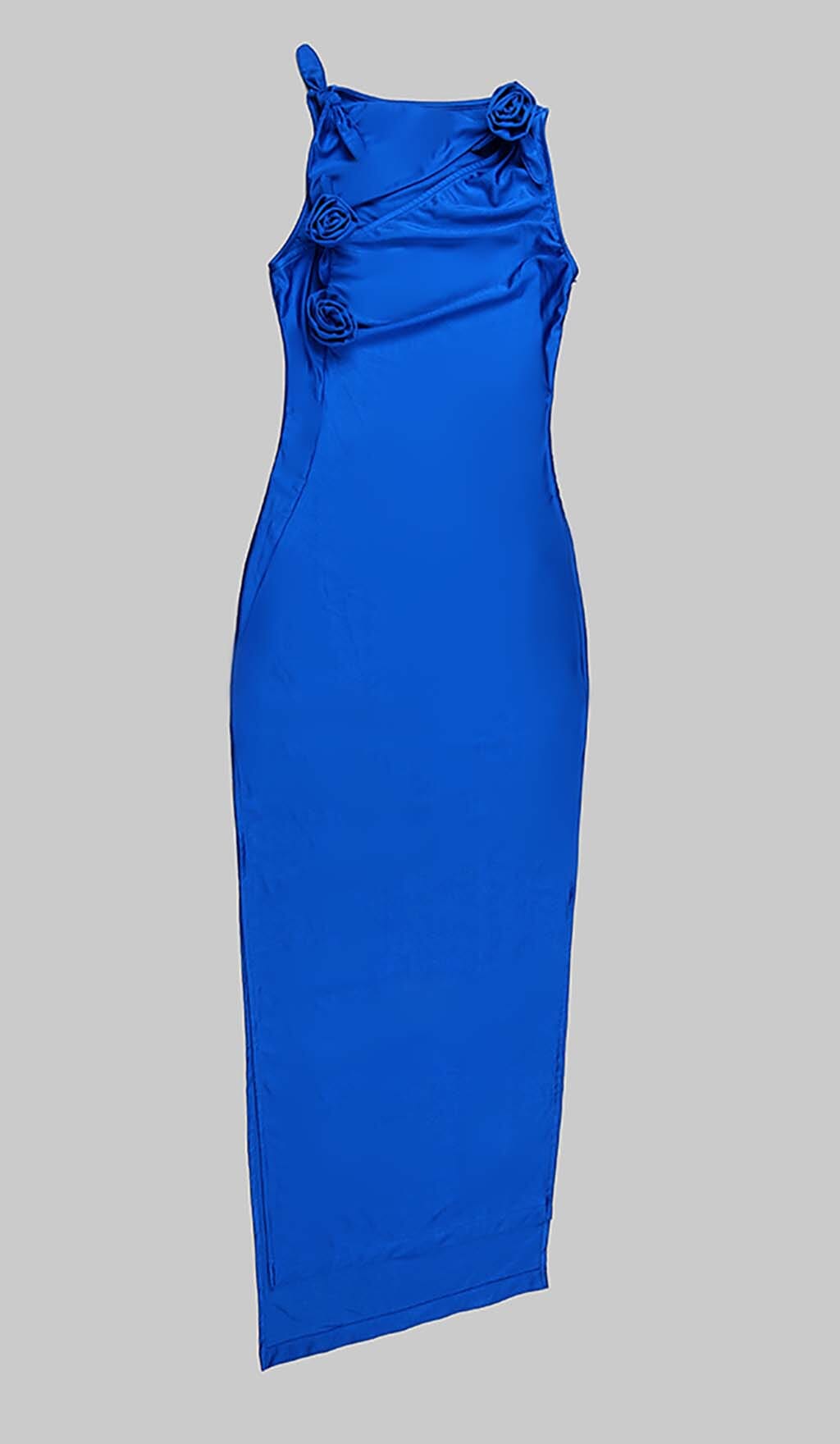 ROSE-EMBELLISHED SATIN MIDI DRESS IN BLUE