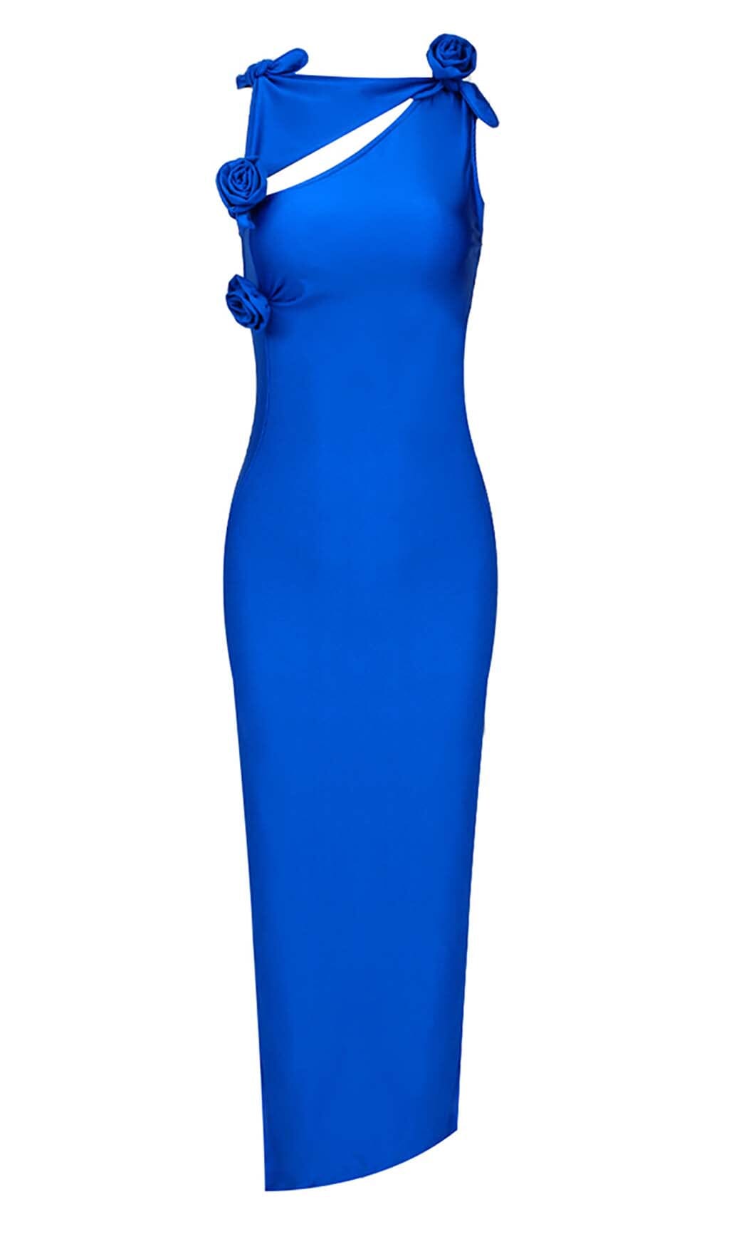 ROSE-EMBELLISHED SATIN MIDI DRESS IN BLUE