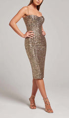 SEQUIN CORSET MIDI DRESS IN METALLIC GOLD