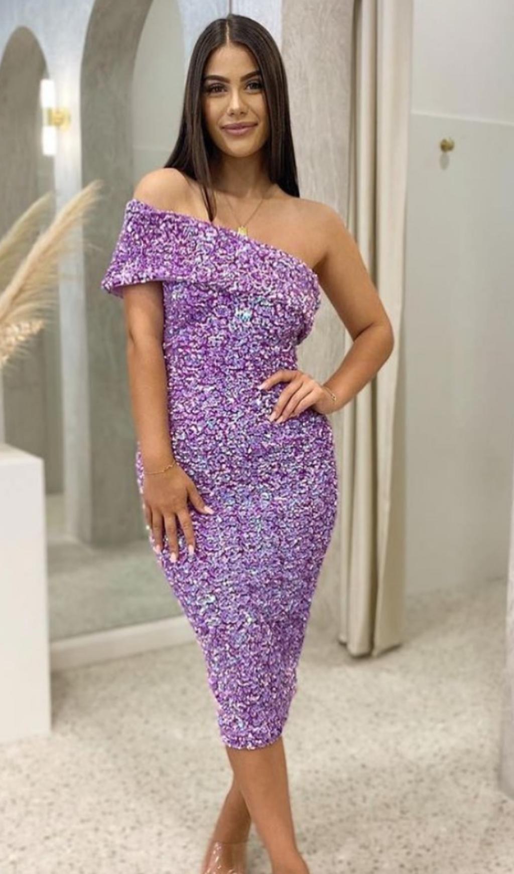 SEQUIN STRAPLESS MIDI DRESS IN PURPLE