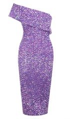 SEQUIN STRAPLESS MIDI DRESS IN PURPLE