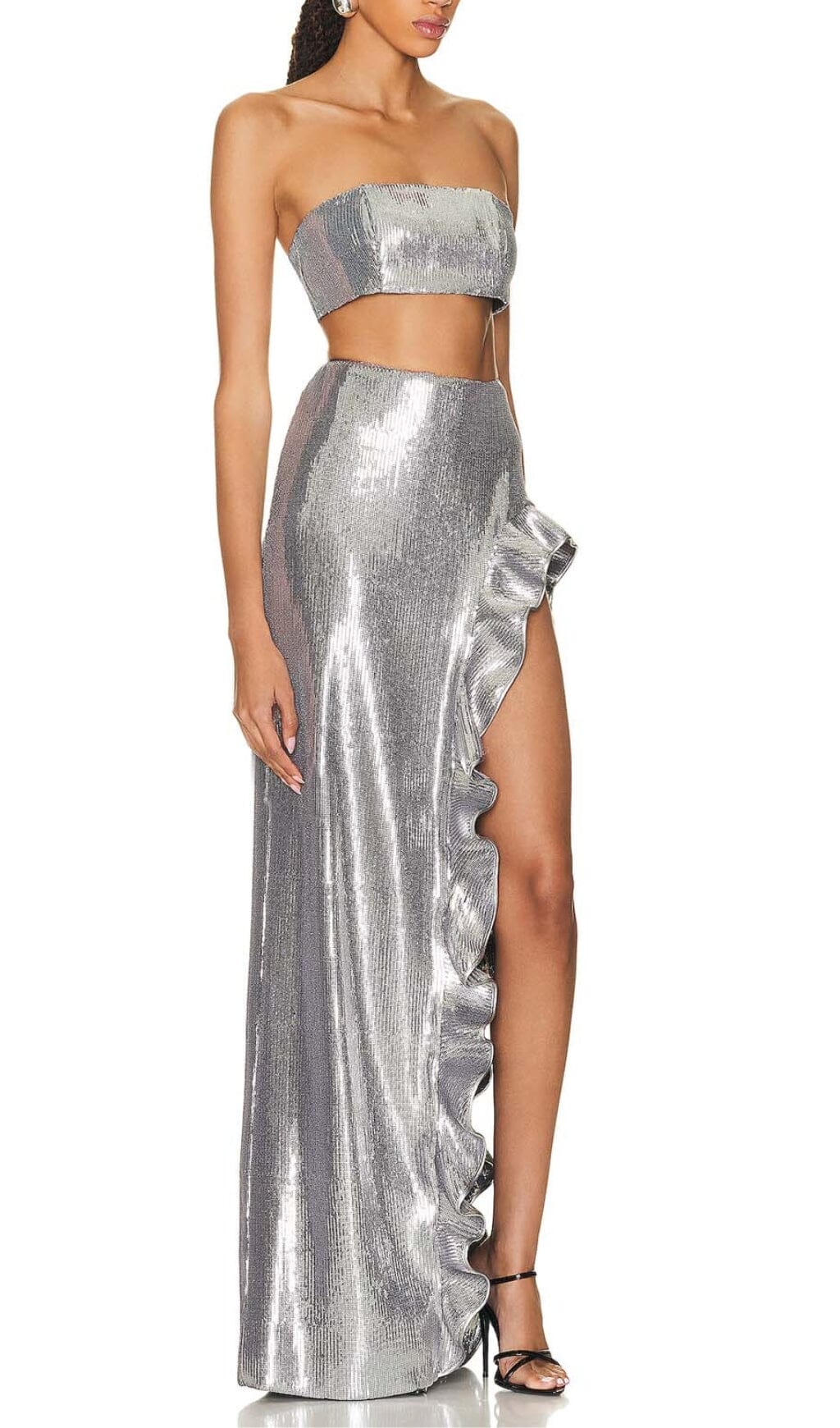 SEQUINED BANDEAU TWO-PIECE SUIT IN SLIVER