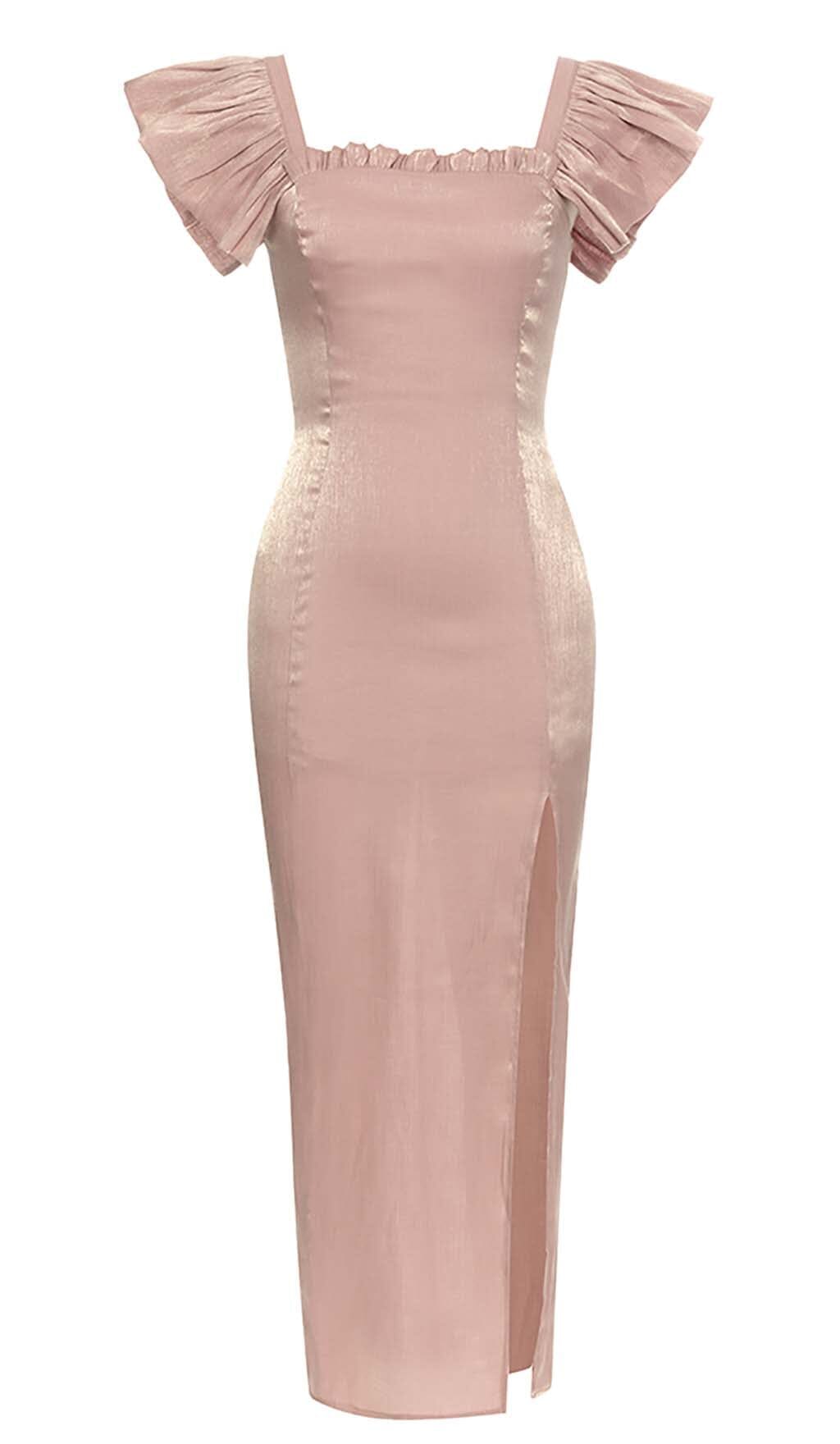 Kleid mit quadratischem Halsausschnitt, Schmetterlingsärmeln und Schlitz bis zum Oberschenkel