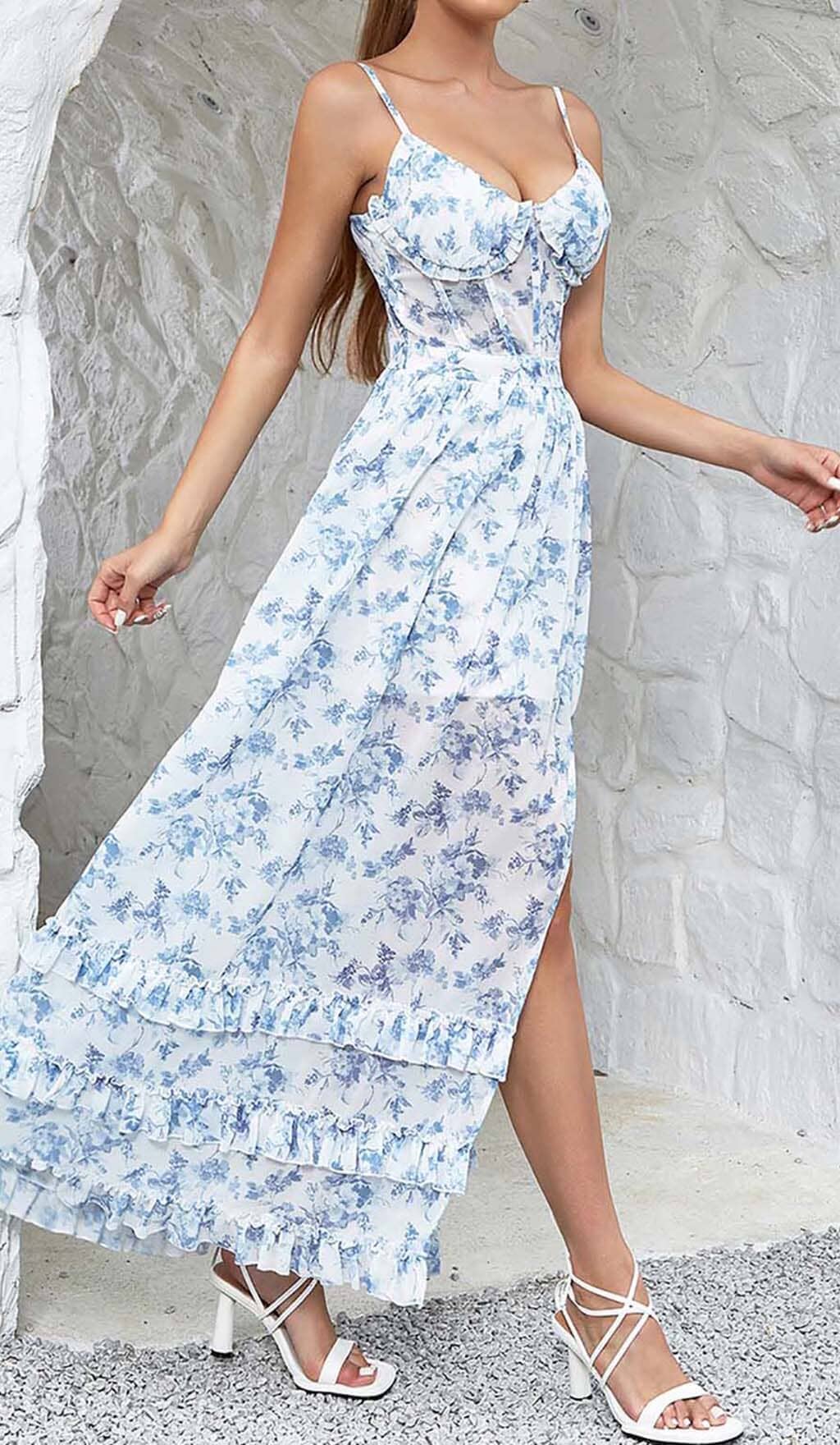 STRAPPY CORSET TIERED MAXI DRESS IN BLUE