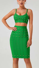 STUDDED STRAP SLEEVELESS TWO PIECE SET IN GREEN