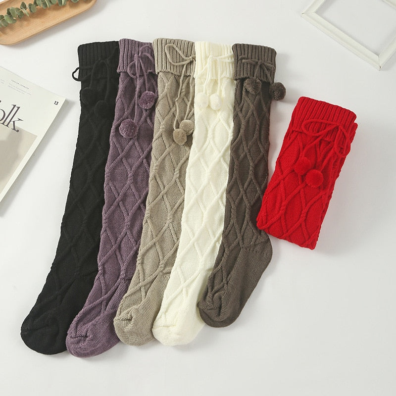 Braided Bowknot Decor Skinny Long Socks