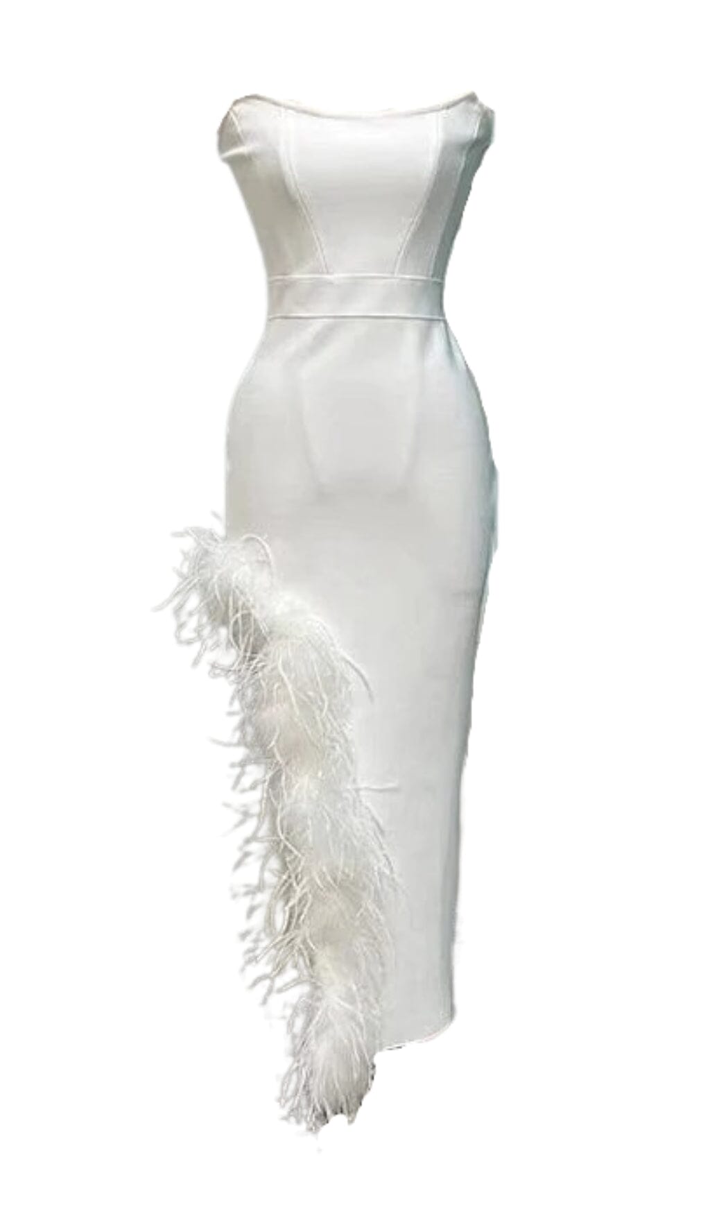 STRAPLESS FEATHER MIDI DRESS IN WHITE