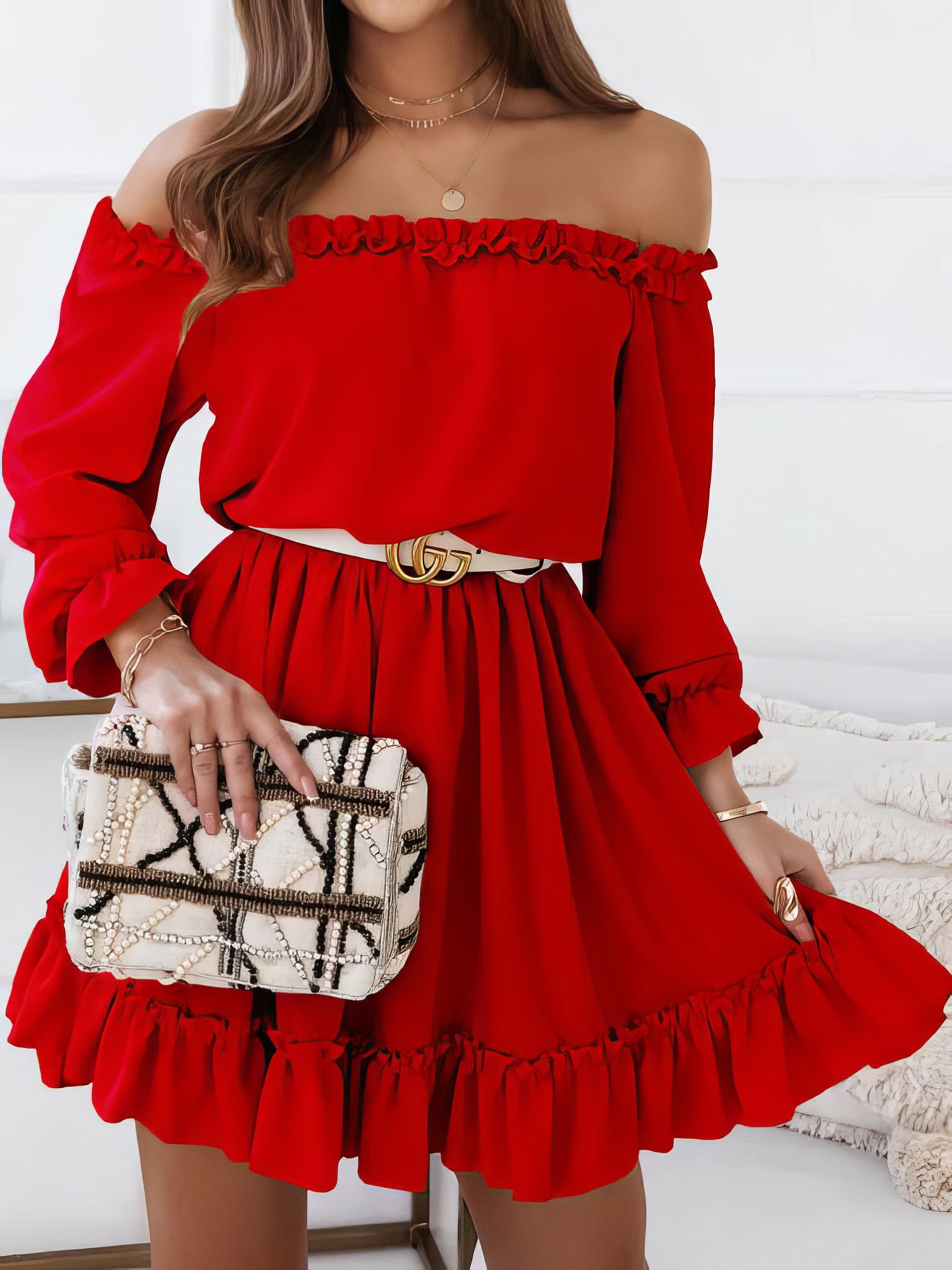 One-Shoulder Elastic Waist Long Sleeve Dress