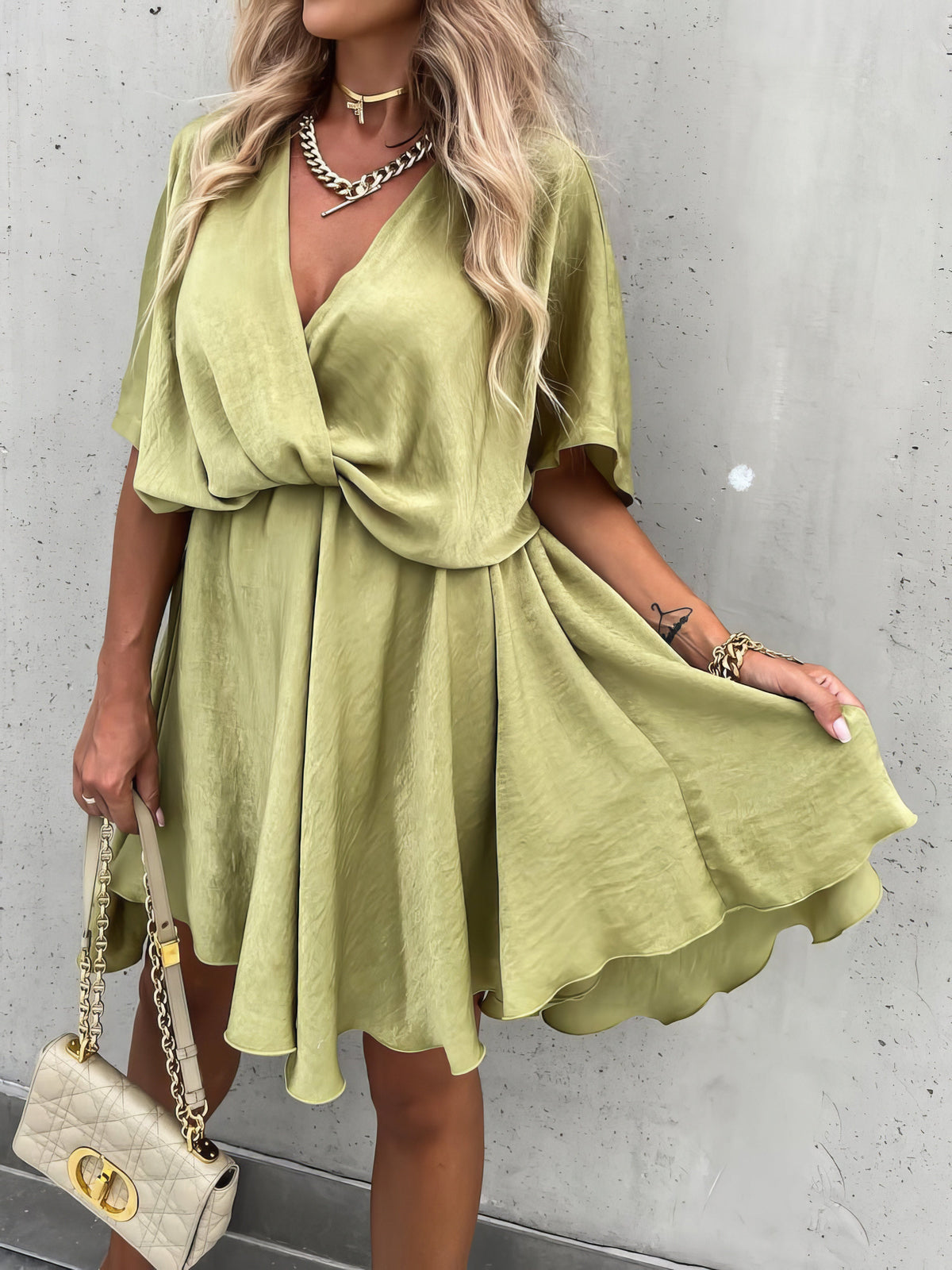 Loose V-Neck Short Sleeve Mini Dress