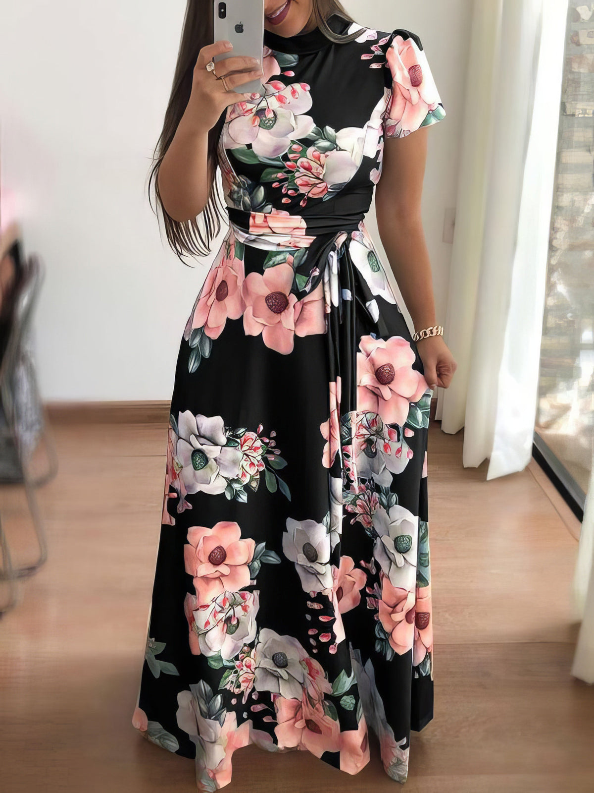 High Neck Floral Print Tie Long Sleeve Dress