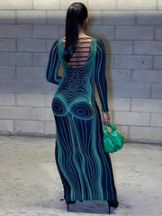 Printed Backless Slim Round Neck Long Sleeve Maxi Dress