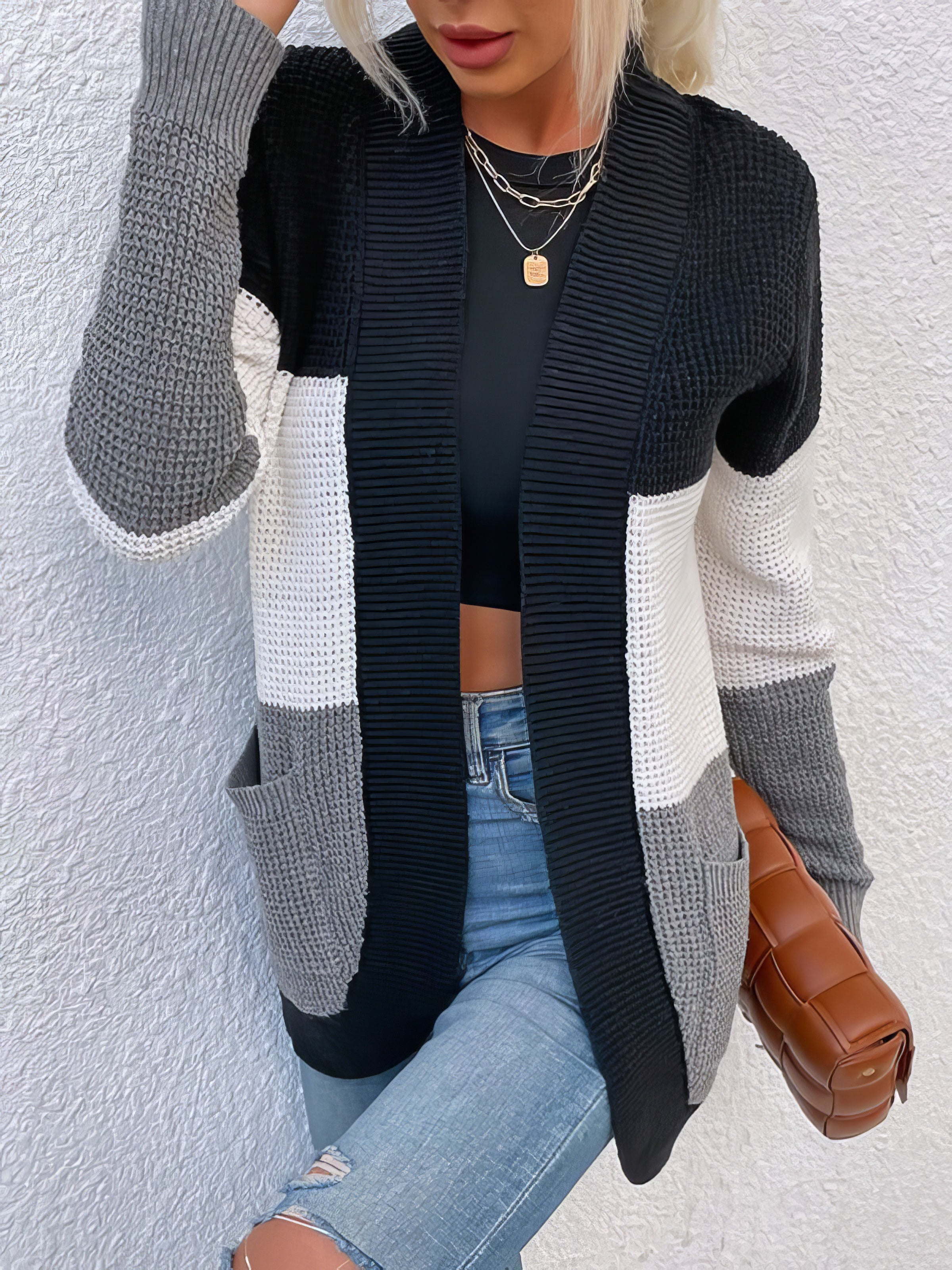 Long Color Contrast Knitted Cardigans