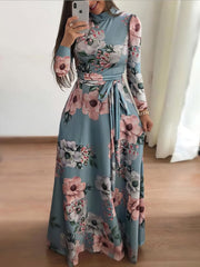 High Neck Floral Print Tie Long Sleeve Dress