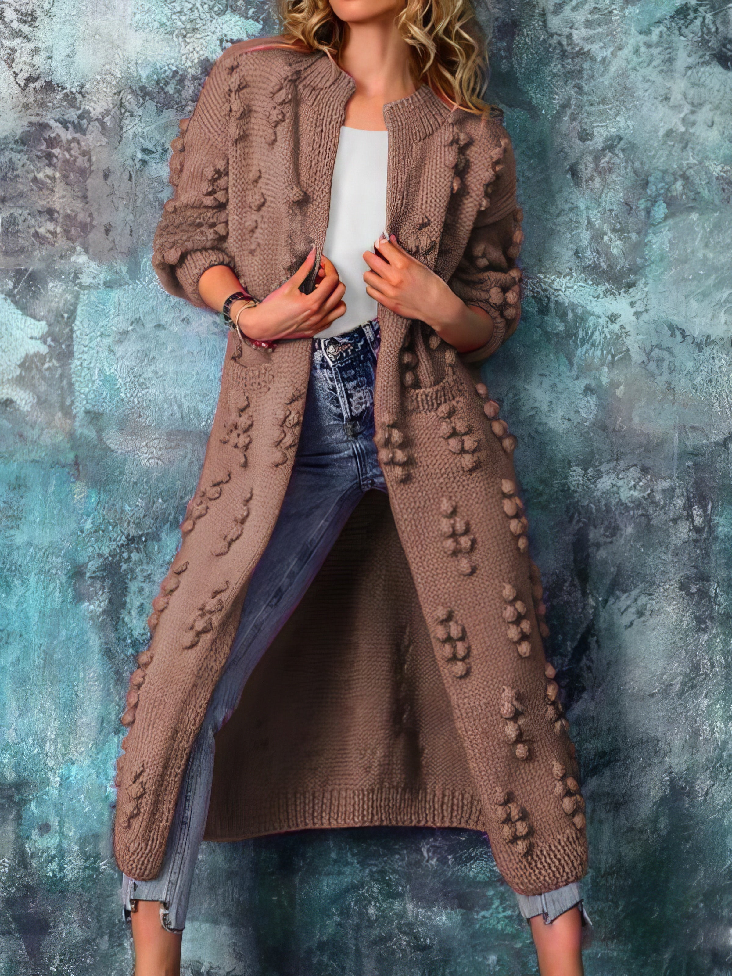 Solid Jacquard Long Sweater Cardigan