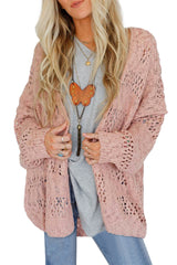 Pink Casual Hollowed Knit Dolman Sleeve Cardigan