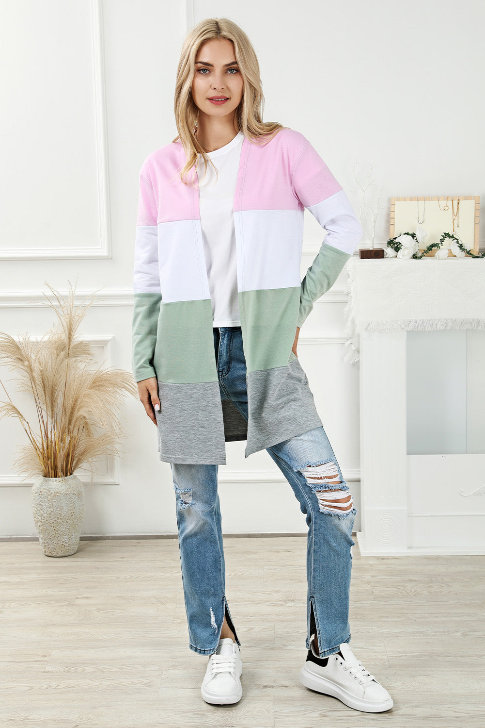 Rosa Strickjacke mit offener Vorderseite und Farbblockdesign in Übergröße