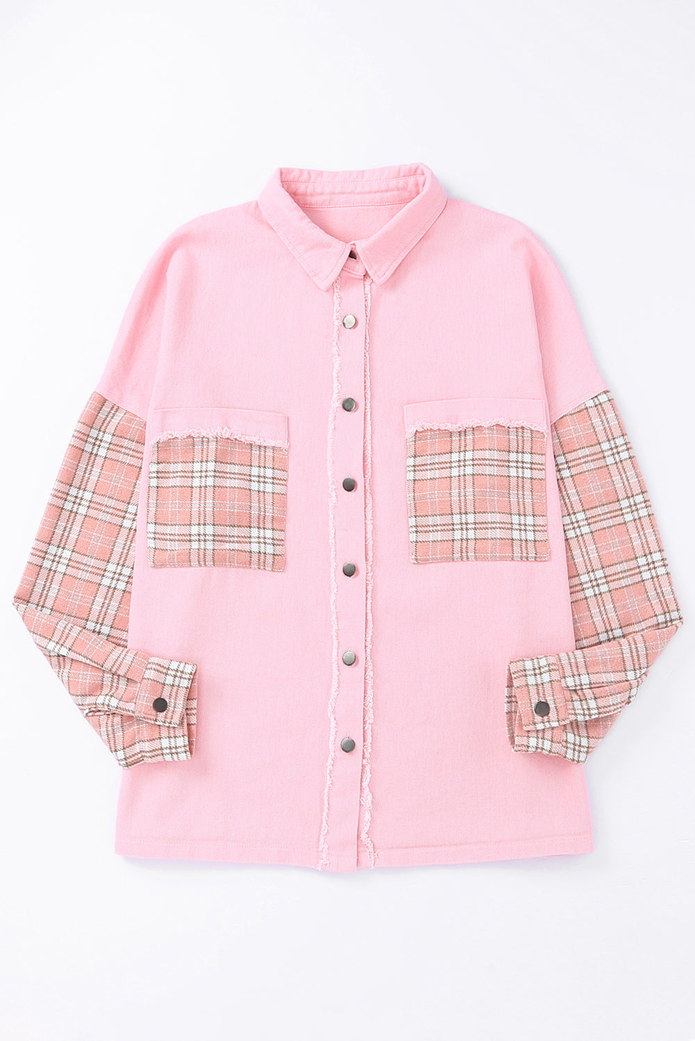 Pink Plaid Patchwork Raw Hem Shacket