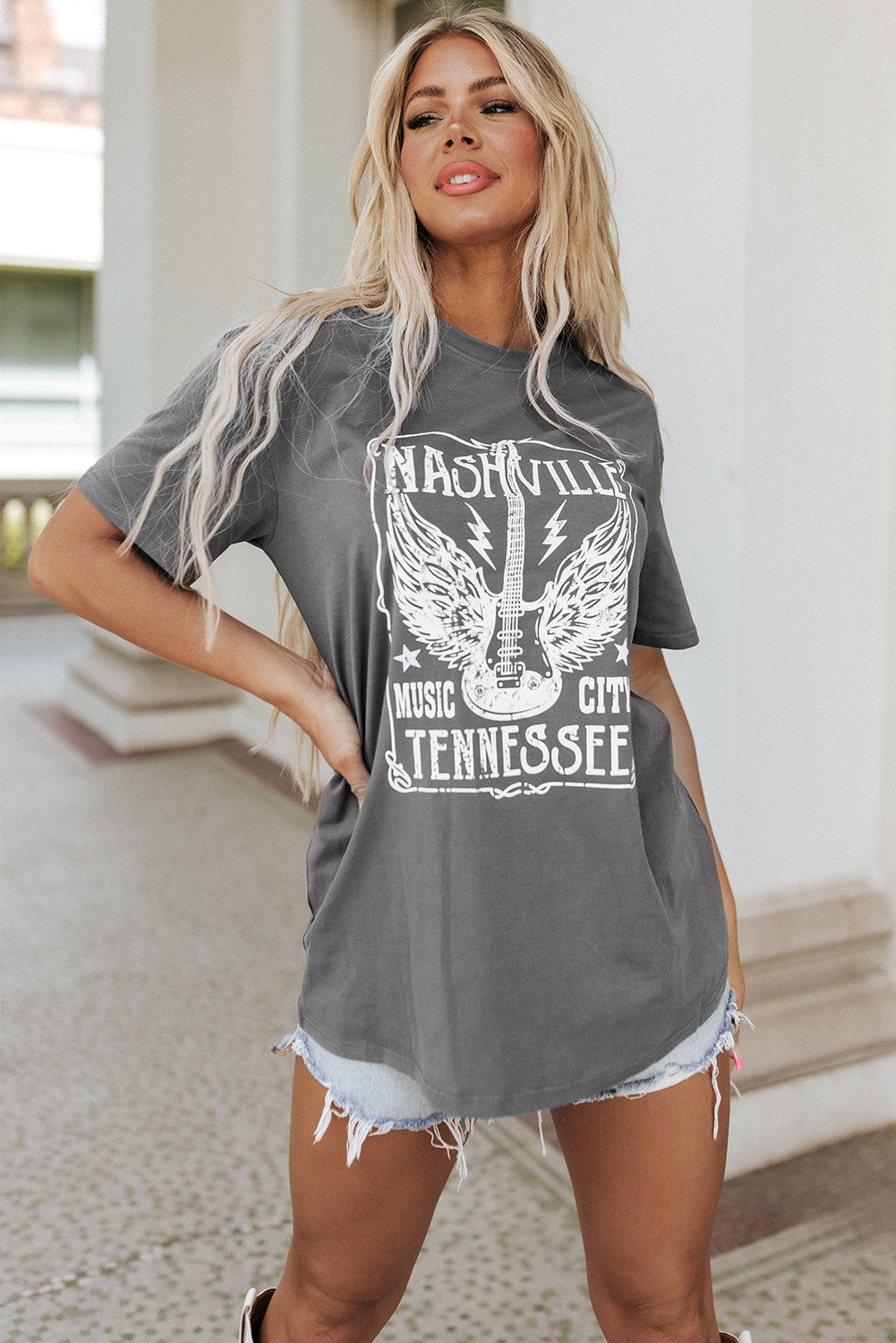 Camiseta extragrande con estampado gráfico de letras y eslogan de guitarra rosa