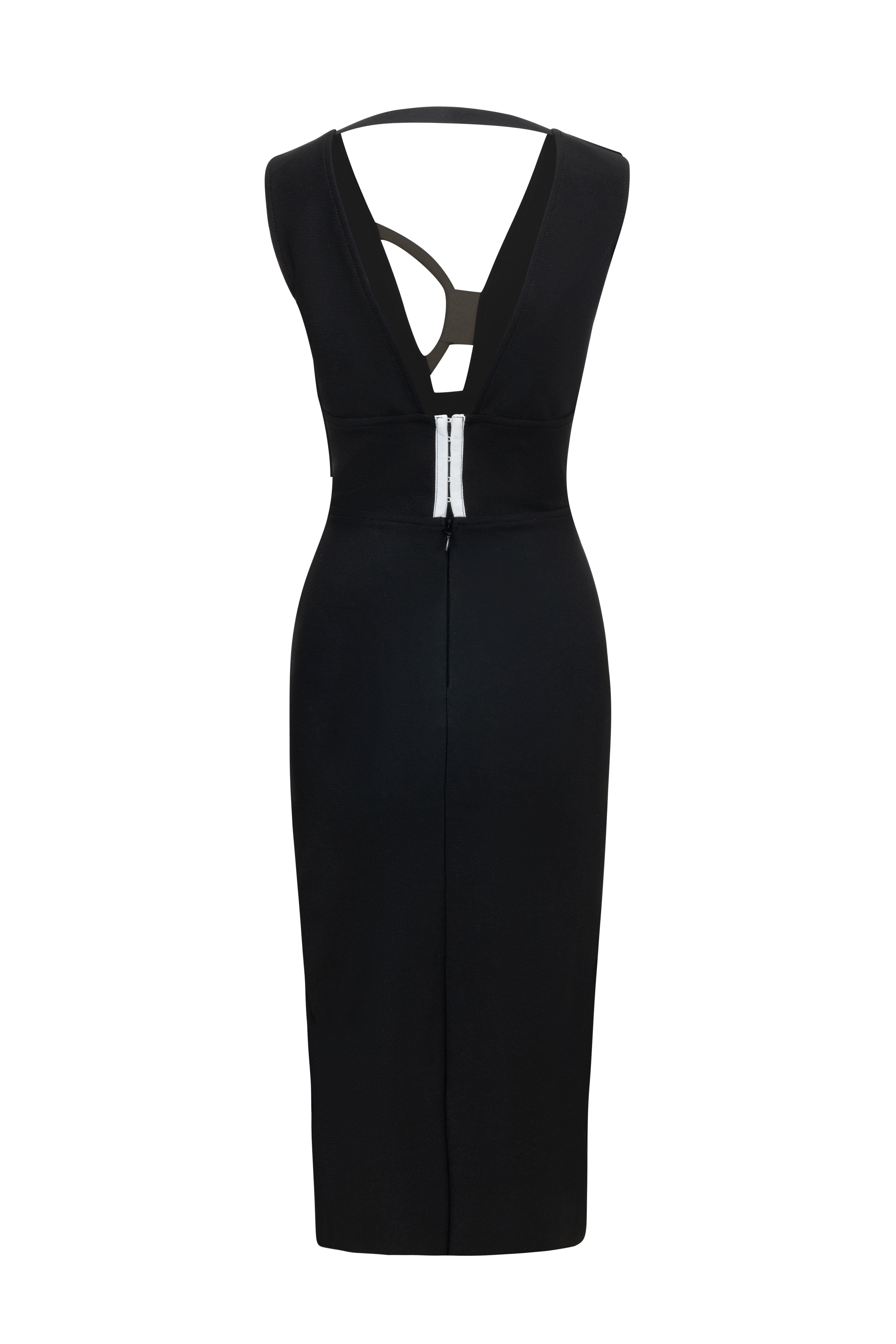 VESTIDO MIDI NEGRO CON ESCOTE EN V PROFUNDO 