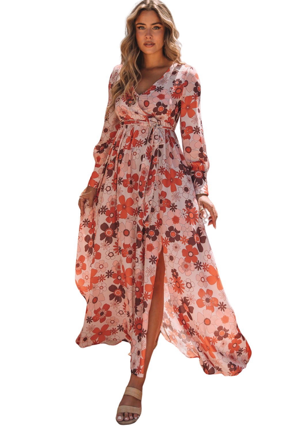 Orange Floral V-Neck Long Sleeve Belted Maxi Dress