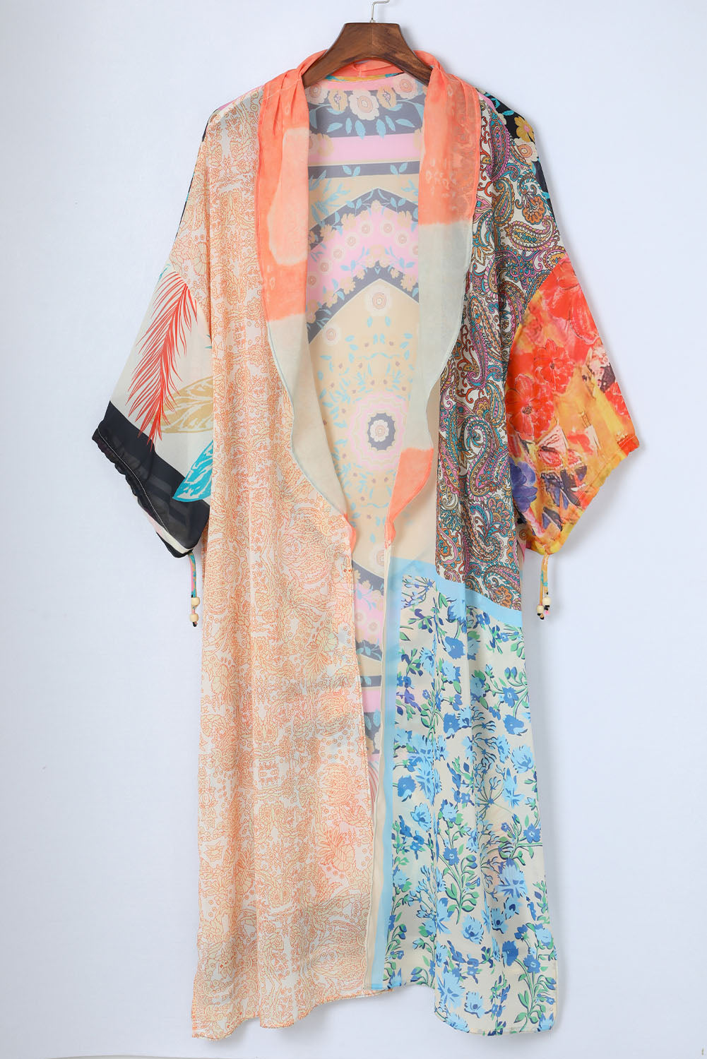 Orange Bohemian Patchwork Print Drawstring Puff Sleeve Kimono