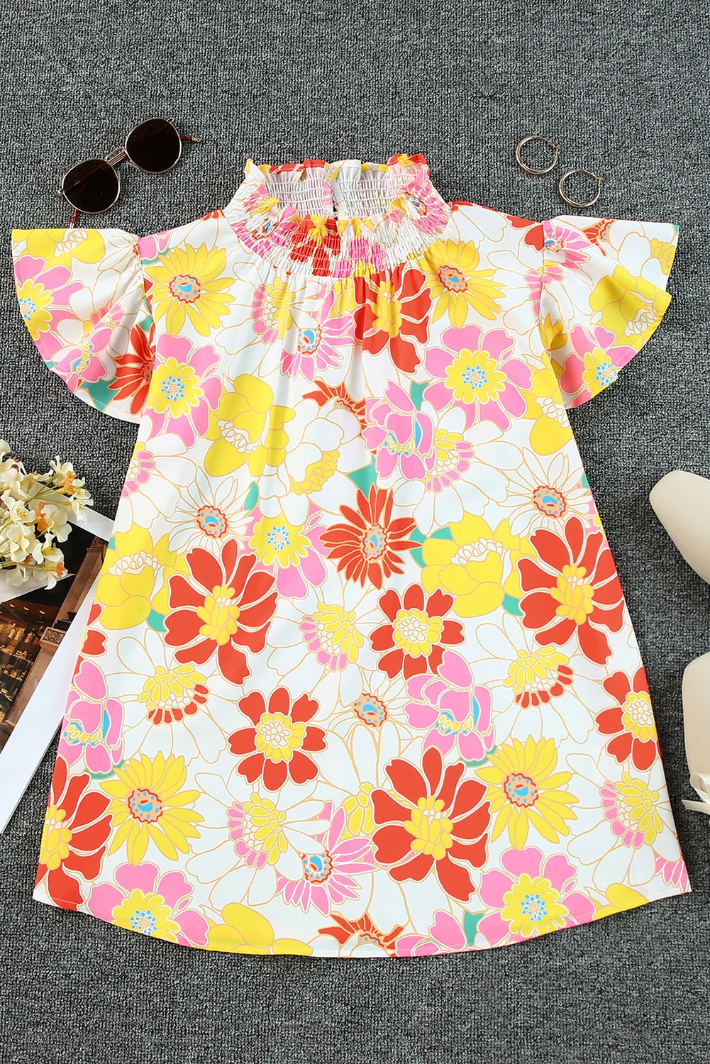 Orange Shirred Neck Summer Floral Dress