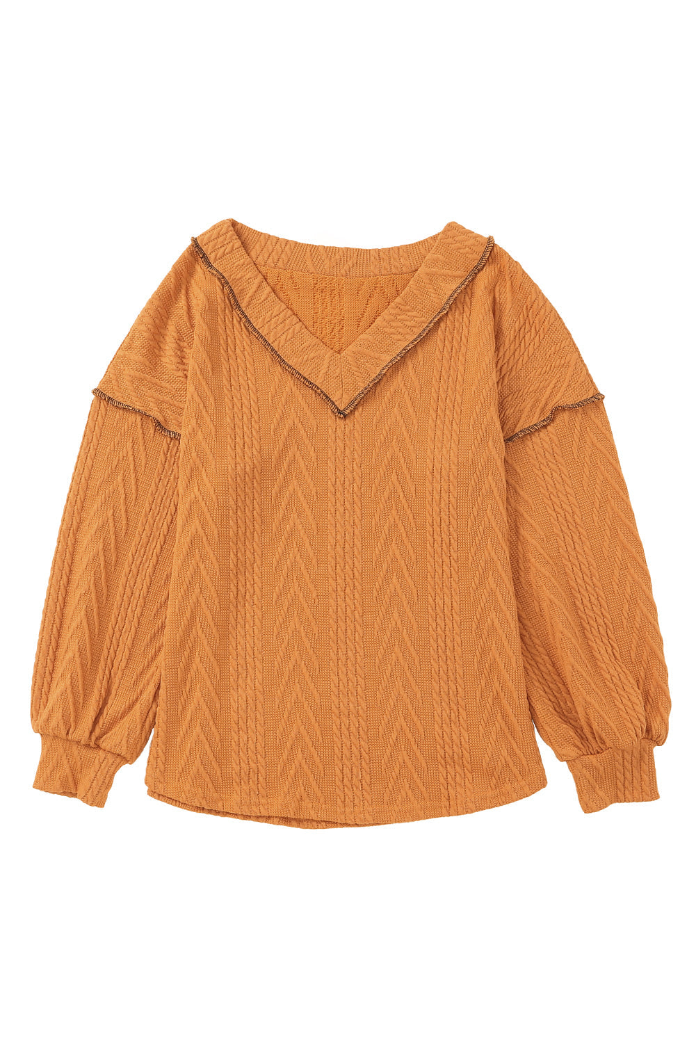 Orange Textured V Neck Long Sleeve Knit Top