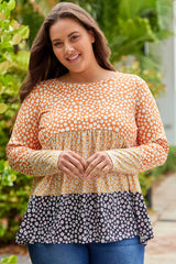 Orange Plus Size Colorblock Blooming Daisy Long Sleeve Flowy Top