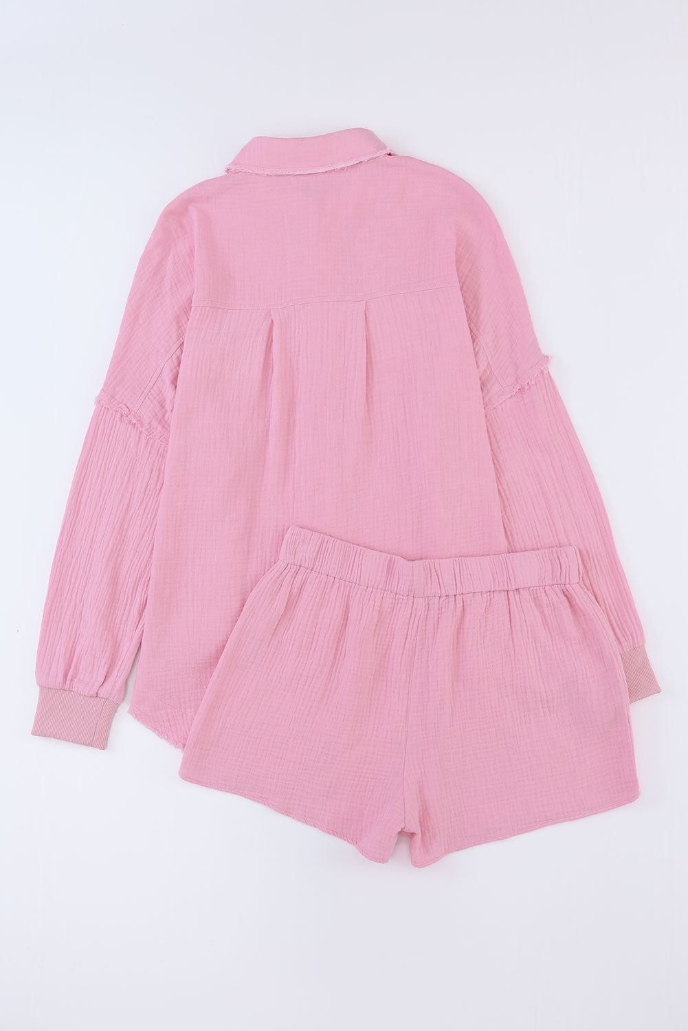 Pink Crinkle Frayed Long Sleeve Shirt and Casual Shorts Set