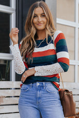 Orange Green Striped Lace Splicing Long Sleeve Top