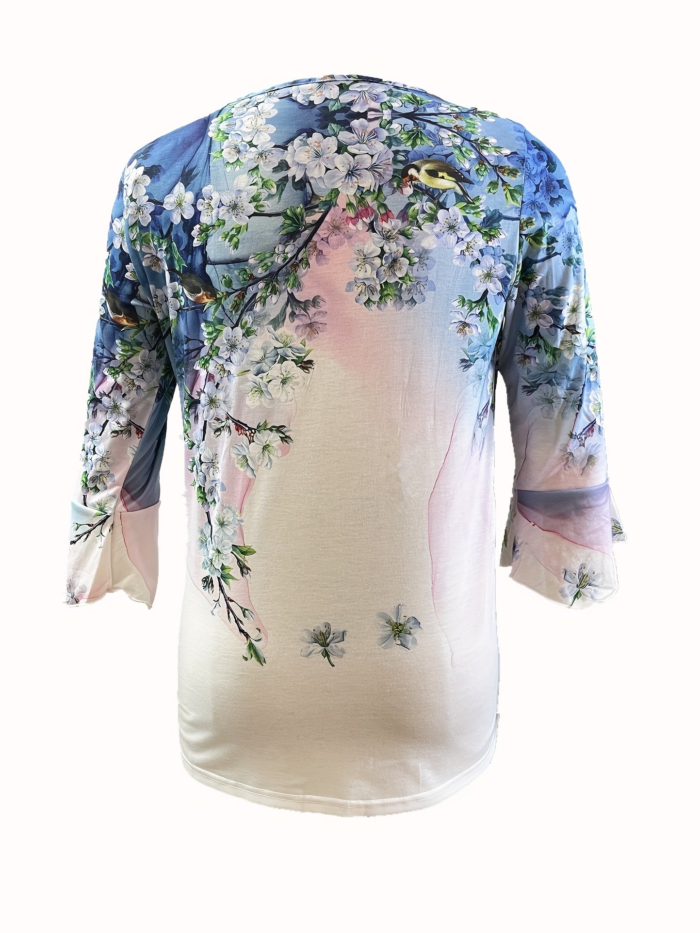 Plus Size Casual T-shirt, Women's Plus Floral Print Bell Sleeve Round Neck Slight Stretch Ruched Henley T-shirt