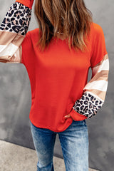 Orange V Neck Leopard Stripe Splice Lantern Sleeve Top