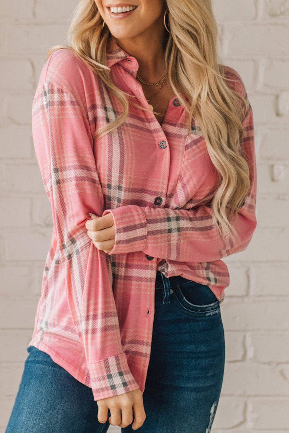 Pink Button Front Plaid Print Shirt