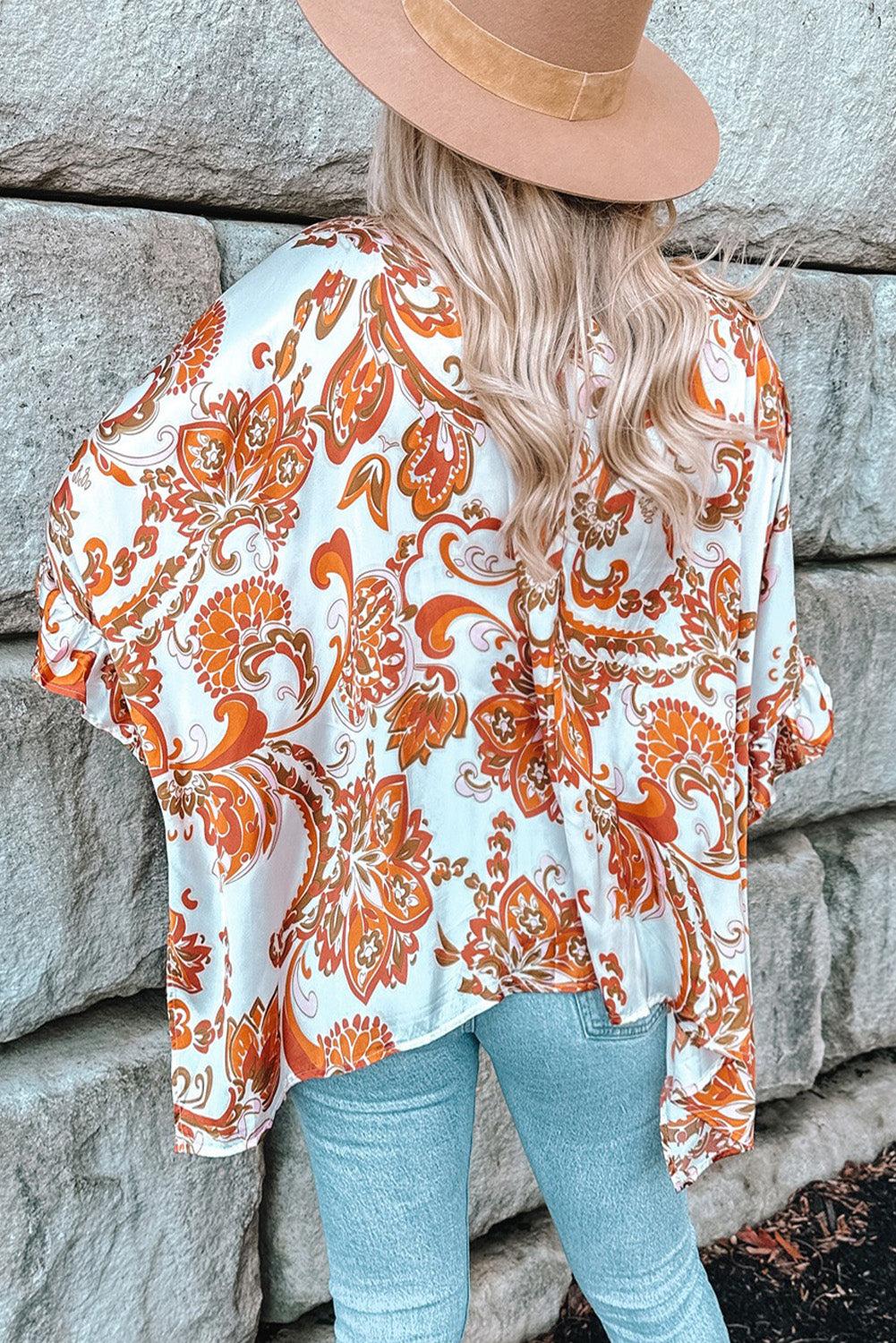 Orange Draped Paisley Print Open Front Overlay Top with Ruffles