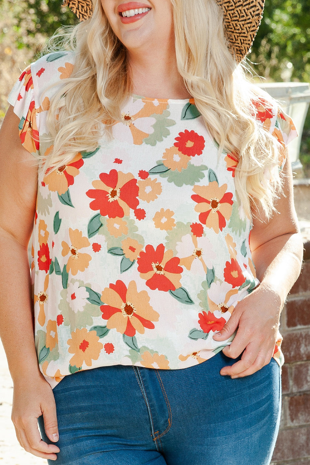 Pink Floral Print Ruffled Flutter Sleeve Blouse