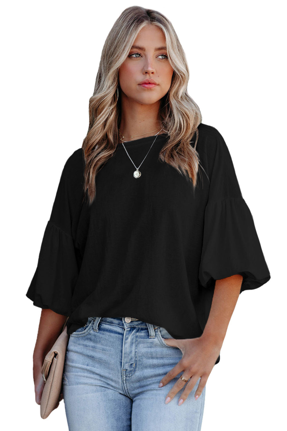 Orange Joint Bubble Sleeve Round Neck Blouse