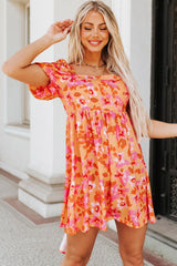 Orange Puff Sleeve Bow Knot Open Back Floral Mini Dress