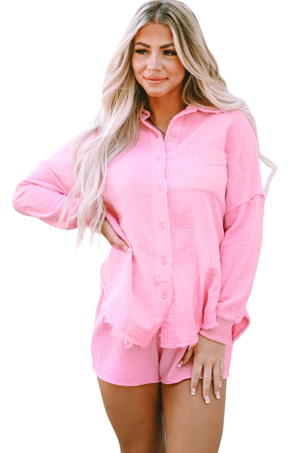 Pink Crinkle Frayed Long Sleeve Shirt and Casual Shorts Set