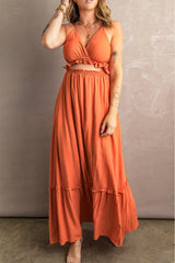 Orange Ruffled Cut-out Spaghetti Strap Sleeveless Long Dress